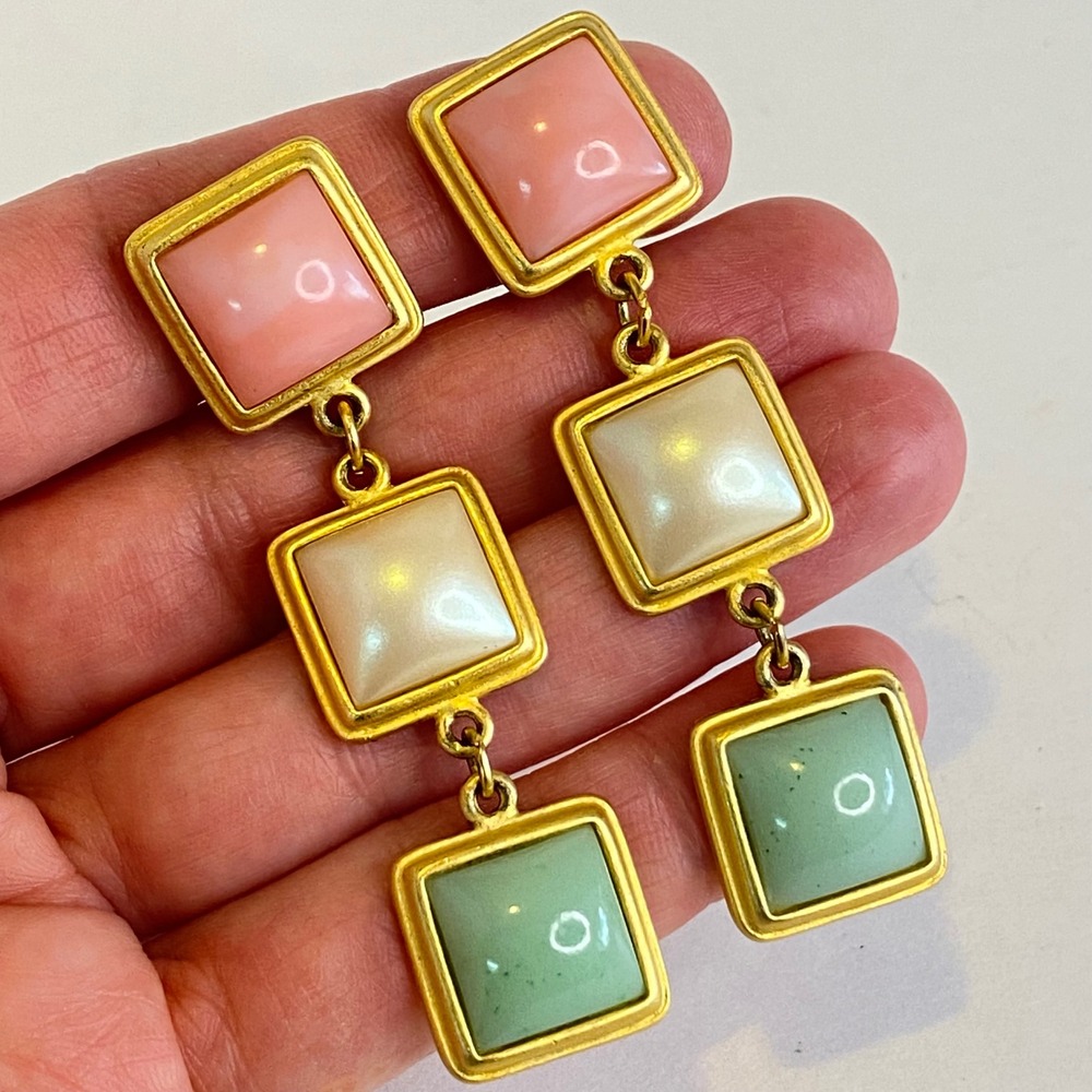 Vintage Faux Coral Jade MOP Square Dangle Drop Clip On Earrings Gold Tone 80s